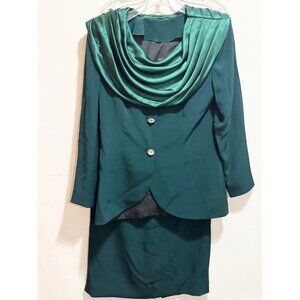 Menekshe custom green satin cowl neck blazer jacket & pencil skirt suit set